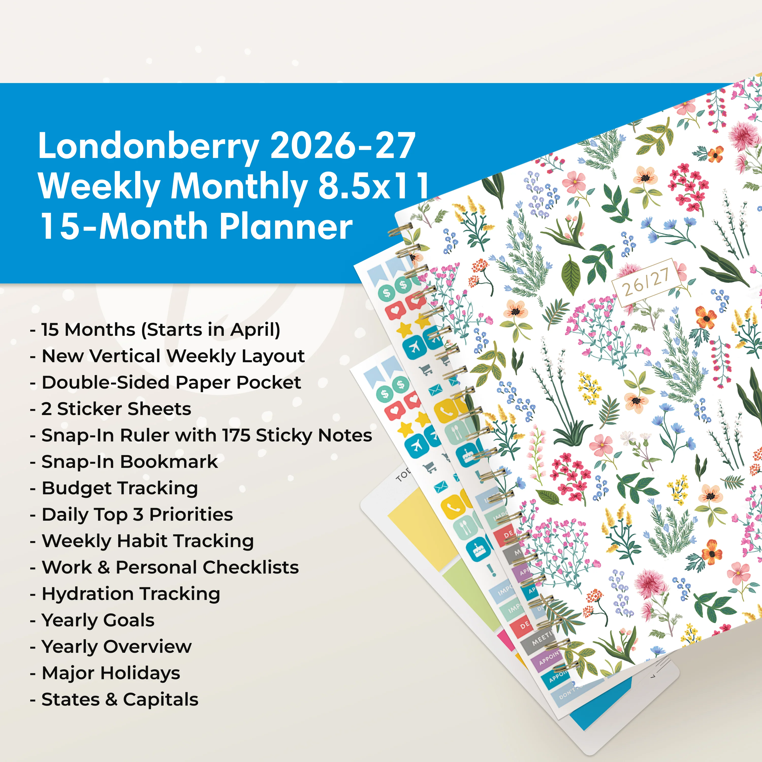 Londonberry 2026-2027 Weekly Monthly 8.5x11 Planning Calendar 15-Months Hardcover - Image 5