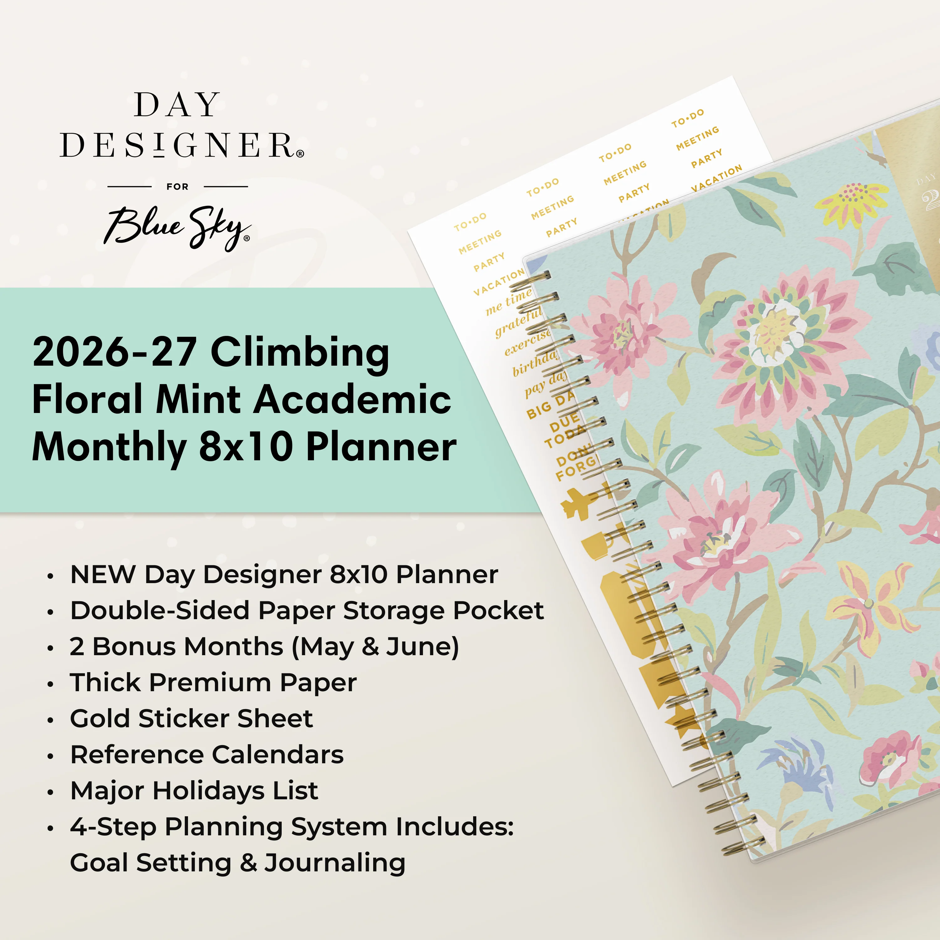 Climbing Floral Mint 2026-2027 Monthly 8x10 Day Designer Planning Calendar - Image 4