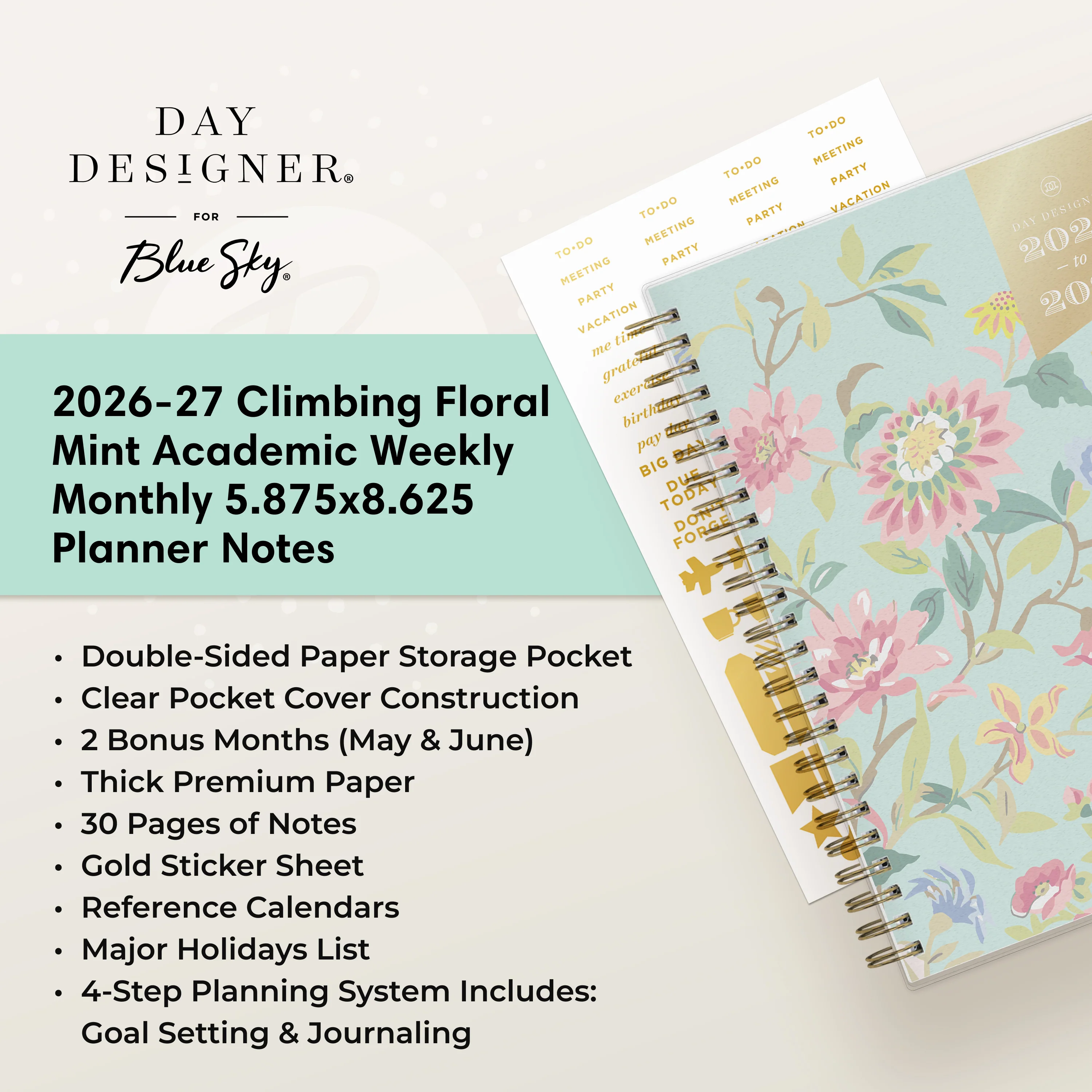 Climbing Floral Mint 2026-2027 Weekly Planner Notes 5.875x8.625 Day Designer Planning Calendar - Image 5