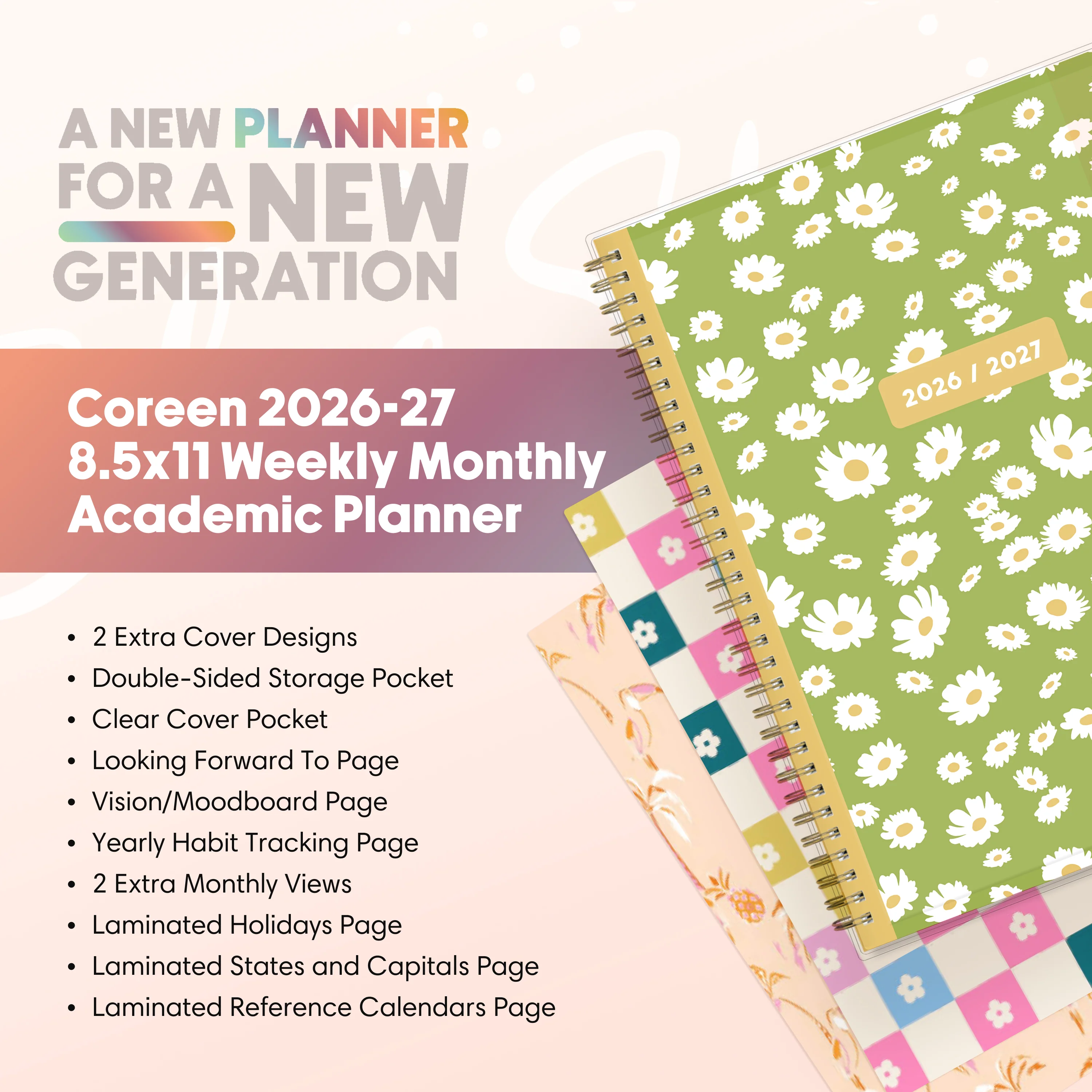 Coreen 2026-2027 Weekly Monthly 8.5x11 Planning Calendar - Interchangeable Cover - Image 3