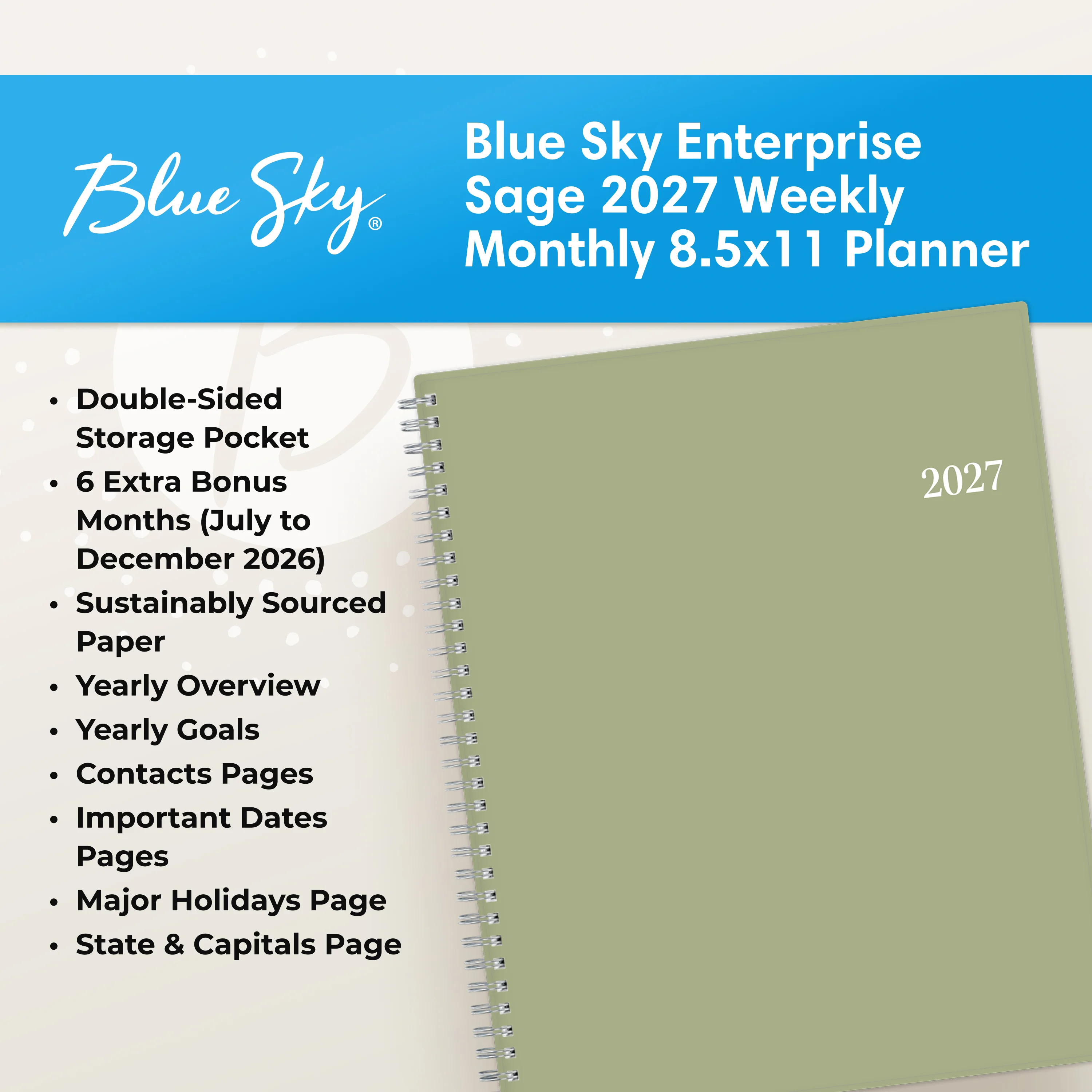 Enterprise 2027 Sage Green Weekly Monthly 8.5x11 Planning Calendar - Image 5