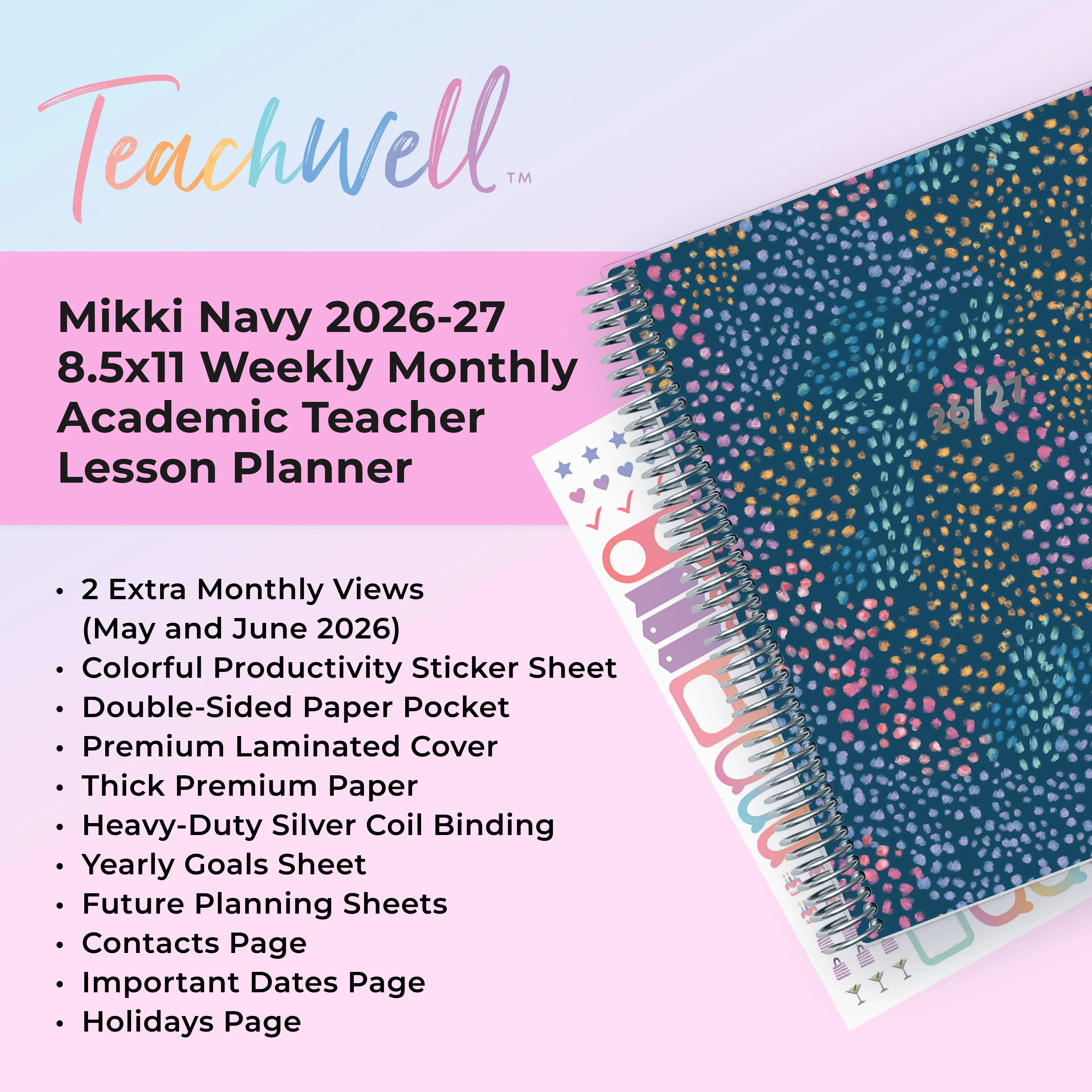 Mikki Navy 2026-2027 Weekly and Monthly 8.5x11 Teacher Lesson Planner - TeachWell® - Image 5